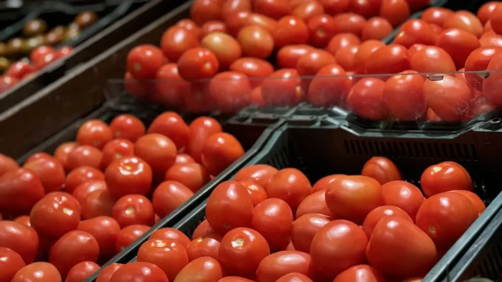 Dideli kiekiai šviežių, raudonų pomidorų sudėti į plastikines prekybos centro dėžes.