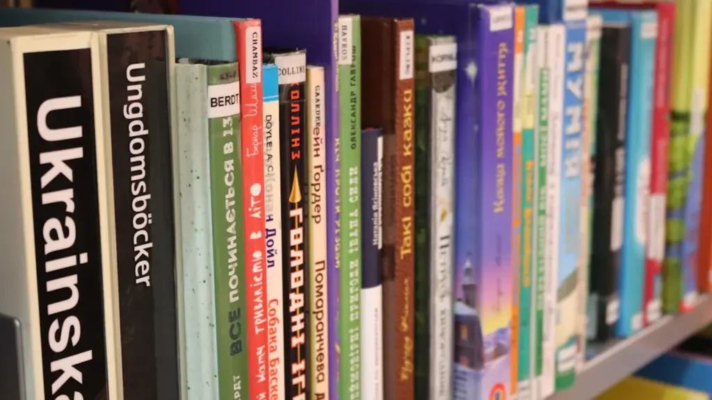 Knygų lentyna su įvairių užsienio kalbų literatūra, pabrėžianti kalbų įvairovę ir mokymosi svarbą.